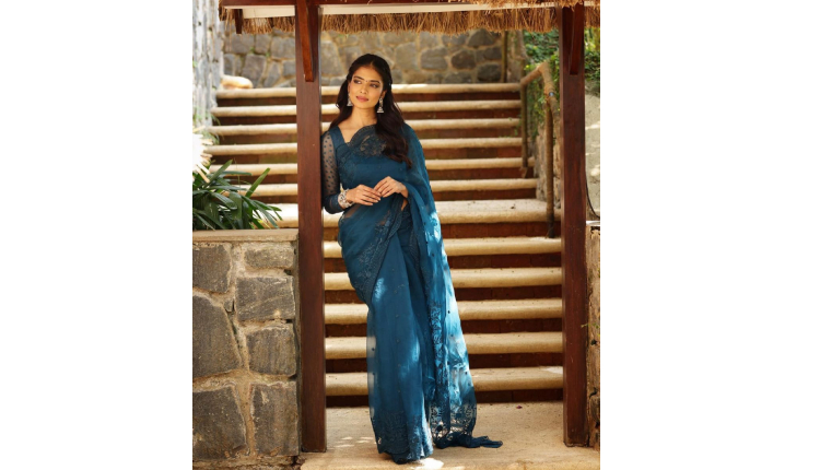 Malavika Mohanan in Dark blue sheer net saree