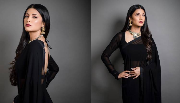 Shruti Haasan’s Goddess-like Chiffon Black Saree