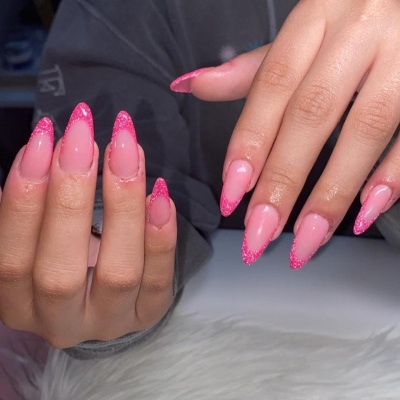 Pink on Pink French Tips with Glitter