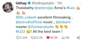 Udhayanidhi Stalin's Tweet about Leo 