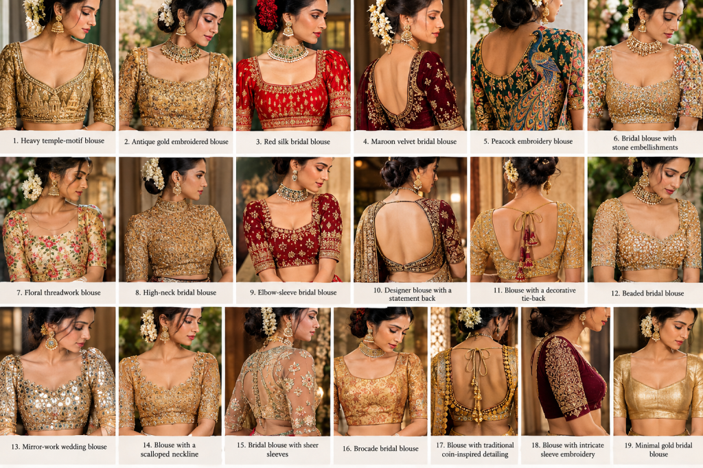Modern Indian blouse design collage featuring 60 styles across three categories: back-neck designs such as deep U-backs, keyholes, dori ties, tassels and embroidered cut-outs; statement sleeves including puff, bell, ruffle, sheer and embellished styles; and simple everyday saree blouses featuring cotton, linen, stripes, florals and minimal necklines, arranged in a numbered editorial grid with elegant South Asian models, traditional sarees, warm studio lighting and cream caption panels.