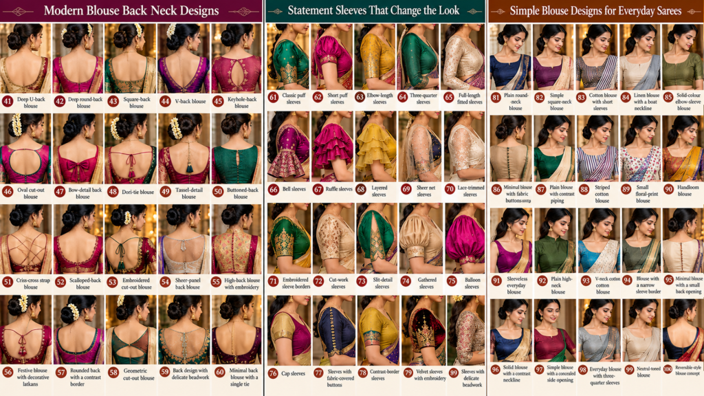 Modern Indian blouse design collage featuring 60 styles across three categories: back-neck designs such as deep U-backs, keyholes, dori ties, tassels and embroidered cut-outs; statement sleeves including puff, bell, ruffle, sheer and embellished styles; and simple everyday saree blouses featuring cotton, linen, stripes, florals and minimal necklines, arranged in a numbered editorial grid with elegant South Asian models, traditional sarees, warm studio lighting and cream caption panels.