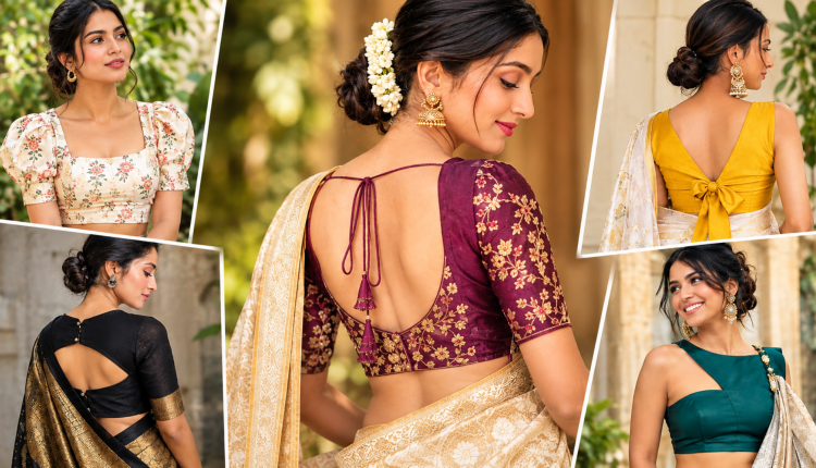 A premium editorial collage featuring a traditional Kanjivaram silk blouse, an embroidered bridal blouse, a modern square-neck design and an elegant contemporary back-neck pattern. Use a refined Indian fashion-magazine aesthetic with accurate garment details and no misleading text overlays.