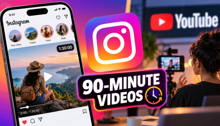 Instagram Features long-form video shown on a smartphone beside a TV, illustrating the 90-minute format