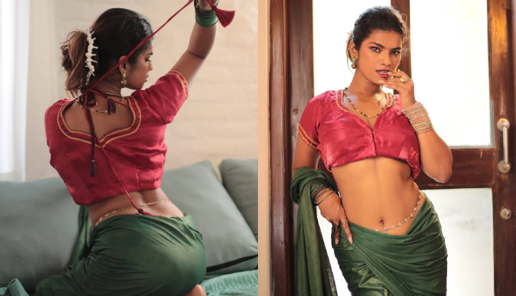 Pink Blouse and Green Saree