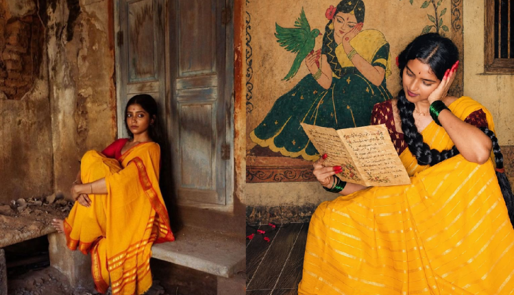 Yellow saree with red blouse