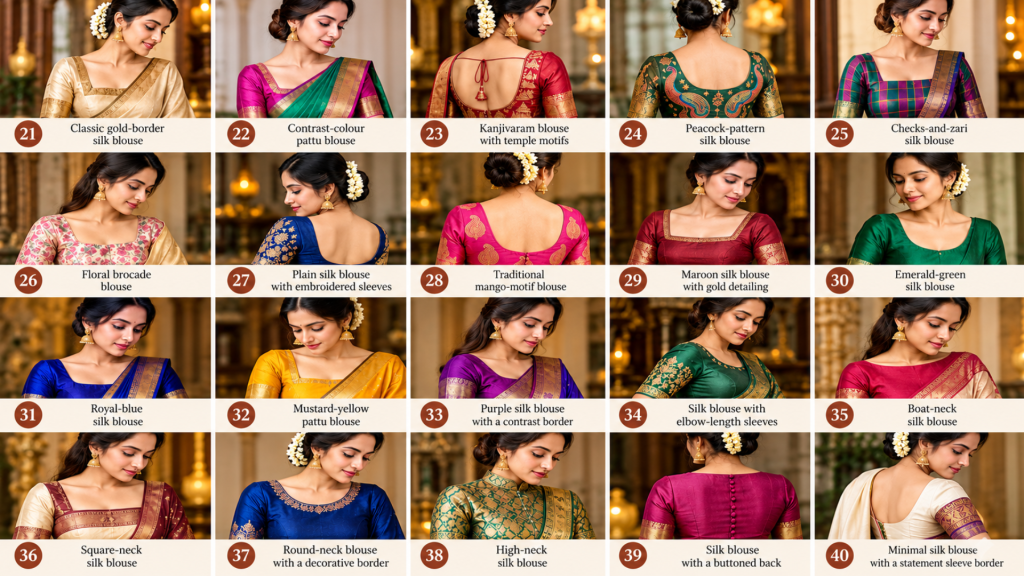 Modern Indian blouse design collage featuring 60 styles across three categories: back-neck designs such as deep U-backs, keyholes, dori ties, tassels and embroidered cut-outs; statement sleeves including puff, bell, ruffle, sheer and embellished styles; and simple everyday saree blouses featuring cotton, linen, stripes, florals and minimal necklines, arranged in a numbered editorial grid with elegant South Asian models, traditional sarees, warm studio lighting and cream caption panels.